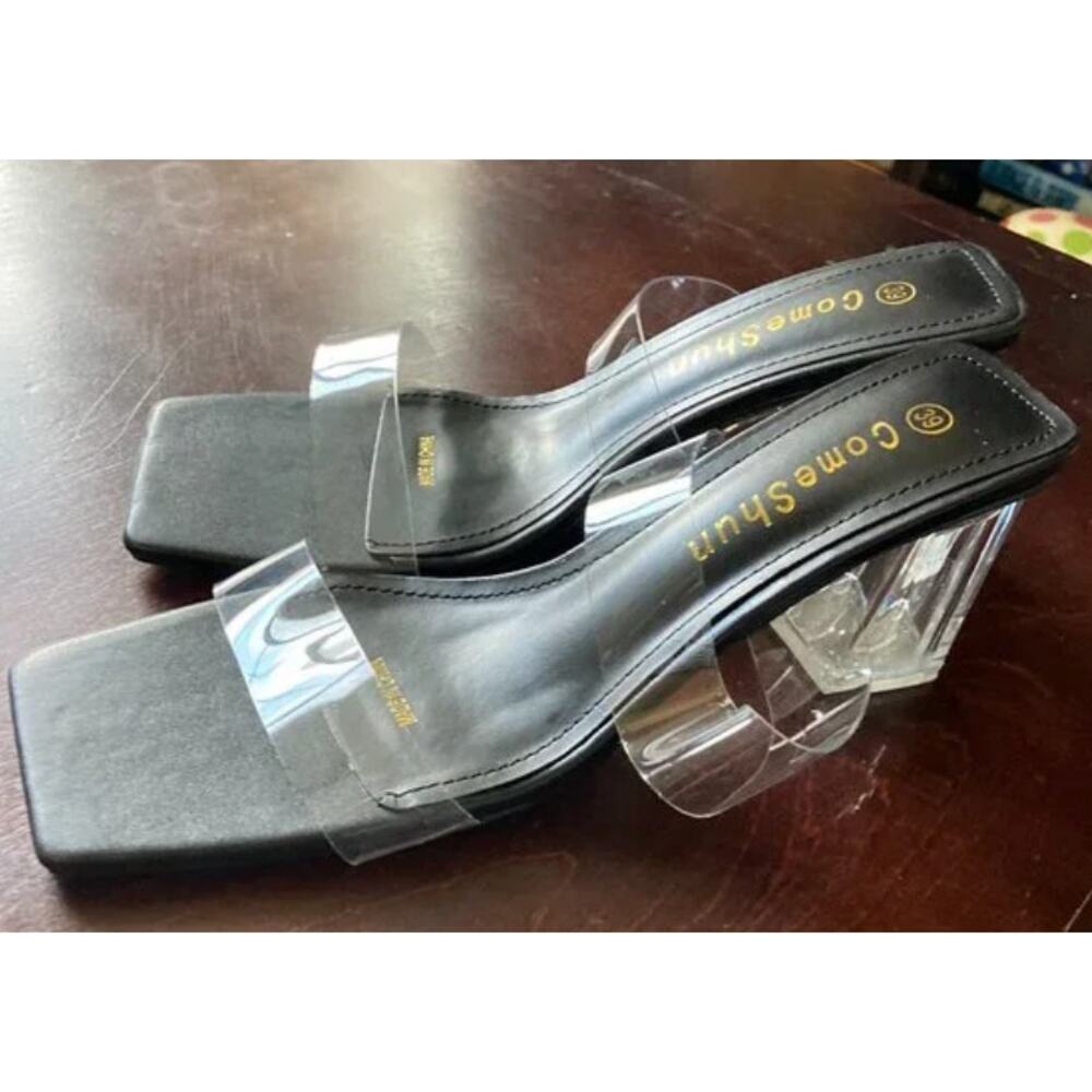 NWOT ComeShun Low Block Heels Mules Two Transparent Band Square Toe Pumps 8